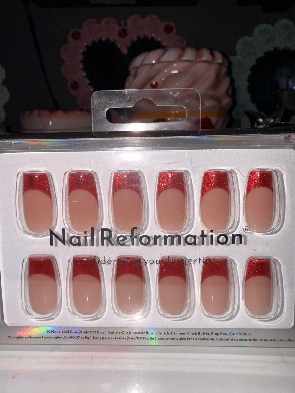Nail reformation French red chrome tip short coffin press on nails